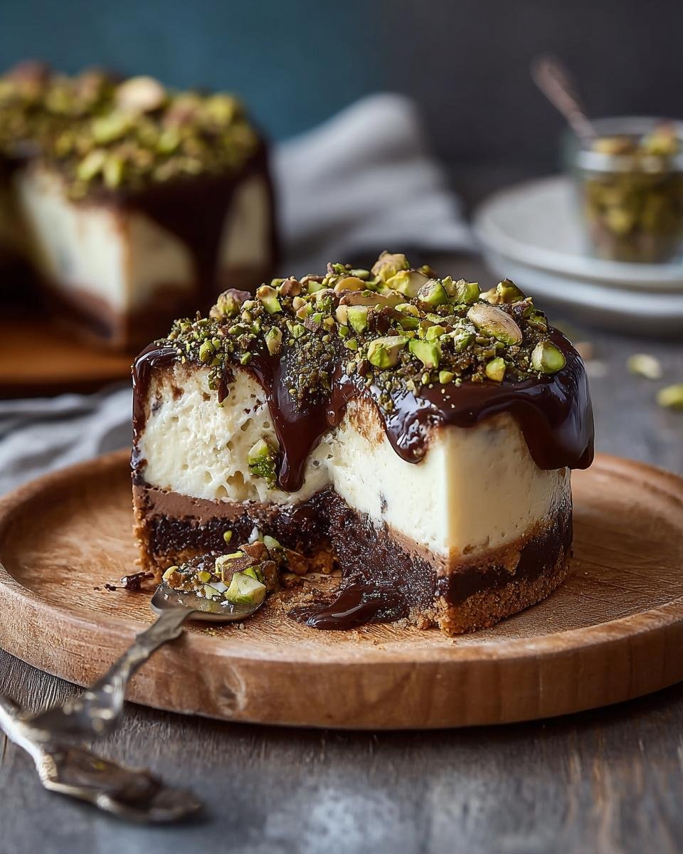 Cheesecake Chocolat : 1 recette divine 3 Gros plan sur une part de cheesecake chocolat tahini pistache, nappée de chocolat et garnie de pistaches concassées.