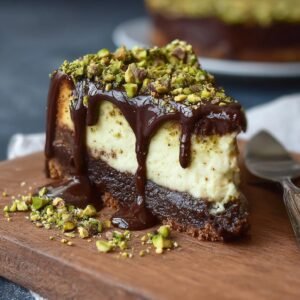 Gros plan d'une part de cheesecake chocolat tahini pistache, nappée de chocolat et garnie de pistaches concassées.