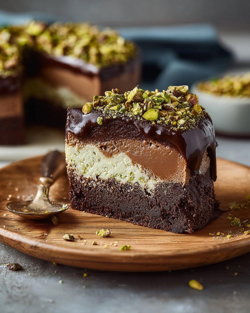 Cheesecake Chocolat : 1 recette divine 1 Gros plan d'une part de Cheesecake Chocolat Tahini Pistache avec une garniture de pistaches concassées et de glaçage au chocolat.