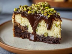 Gros plan d'une part de cheesecake au chocolat, tahini et pistache, nappée de sauce chocolat et garnie de pistaches concassées.