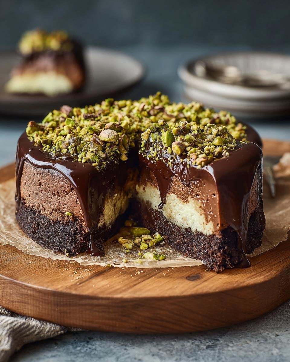 Cheesecake Chocolat : 1 recette divine 4 Gros plan d'une tranche de cheesecake chocolat tahini pistache, garni de pistaches concassées et de glaçage au chocolat.