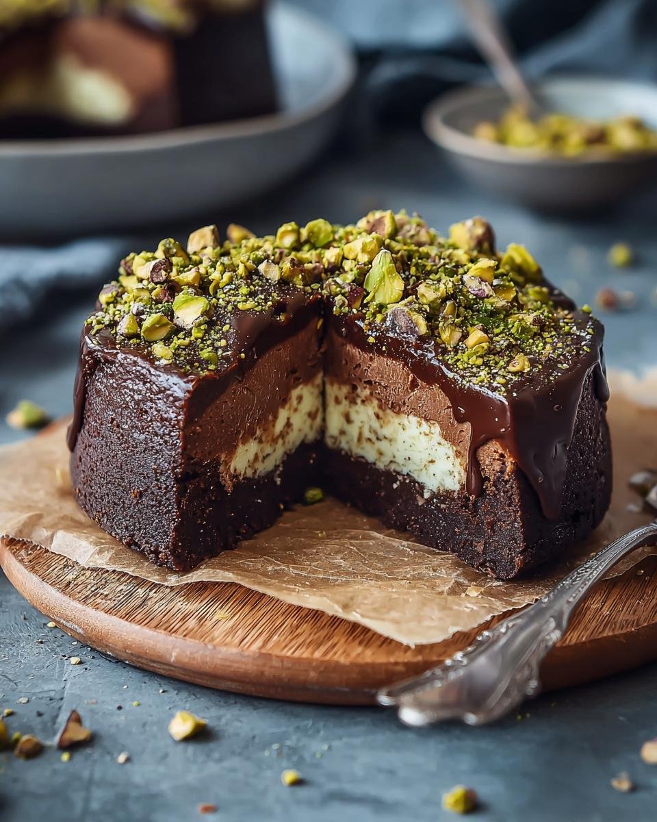 Cheesecake Chocolat : 1 recette divine 2 Gros plan d'une tranche de cheesecake chocolat tahini pistache, garni de pistaches concassées et de glaçage au chocolat.