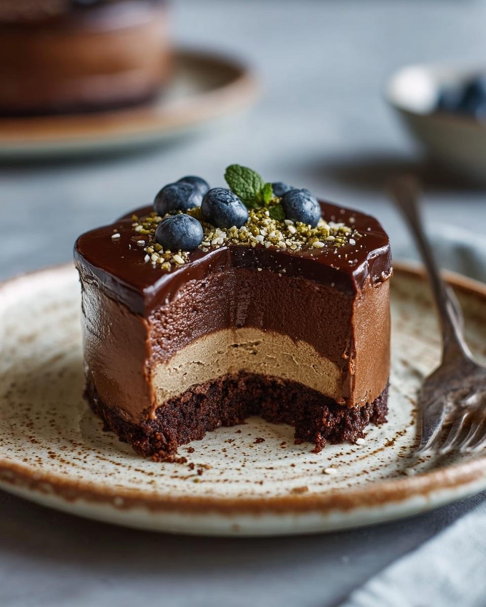 Gros plan d'une tranche de cheesecake au chocolat et tahini, garnie de myrtilles et de menthe.