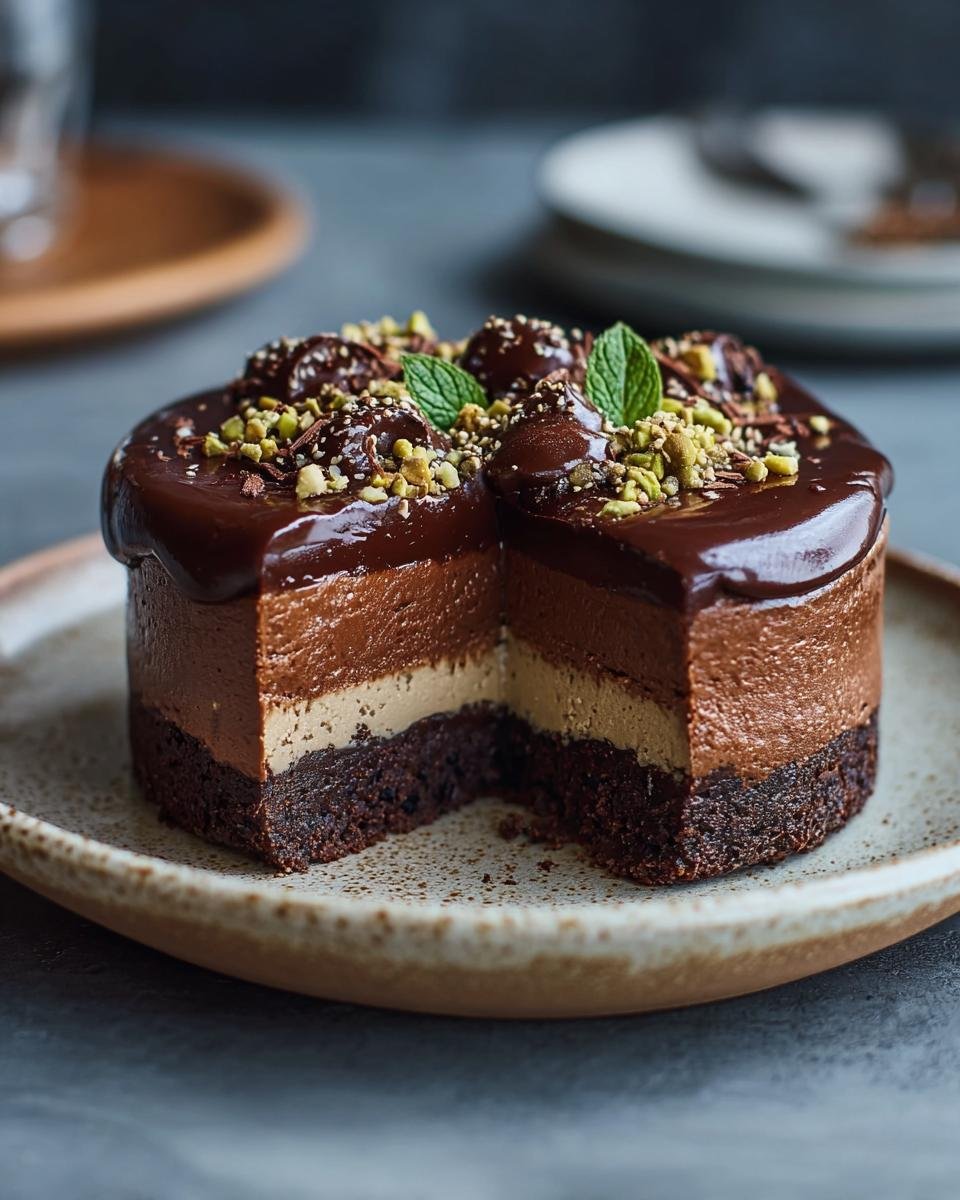 Gros plan d'une tranche de cheesecake au chocolat et tahini, avec des couches de chocolat et de tahini, garni de pistaches et de menthe.