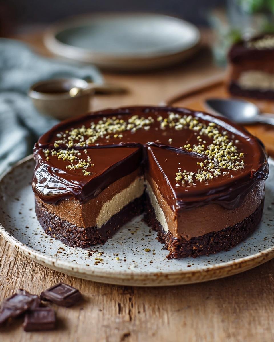 Gros plan d'une tranche de cheesecake au chocolat et tahini sur une assiette, montrant les couches de chocolat et de tahini.