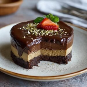 Gros plan d'une tranche de cheesecake au chocolat et tahini, garni de fraises et de menthe.