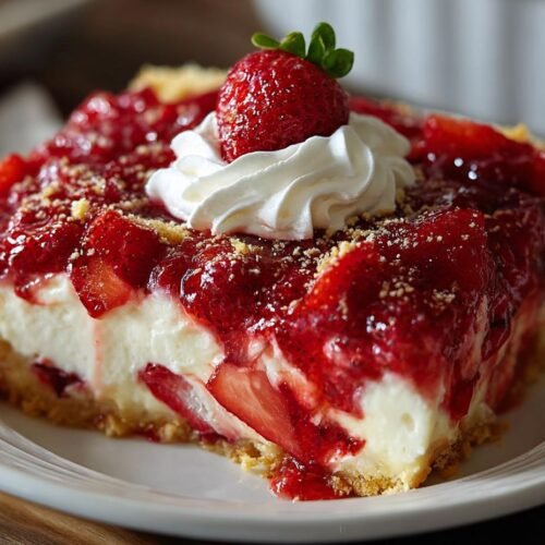 Cheesecake aux fraises : délice simple en 40 min 5 Gros plan sur une part de cheesecake aux fraises, garnie de crème fouettée et d'une fraise.