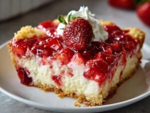 Gros plan d'une tranche de cheesecake aux fraises, garnie de crème fouettée et d'une fraise fraîche.