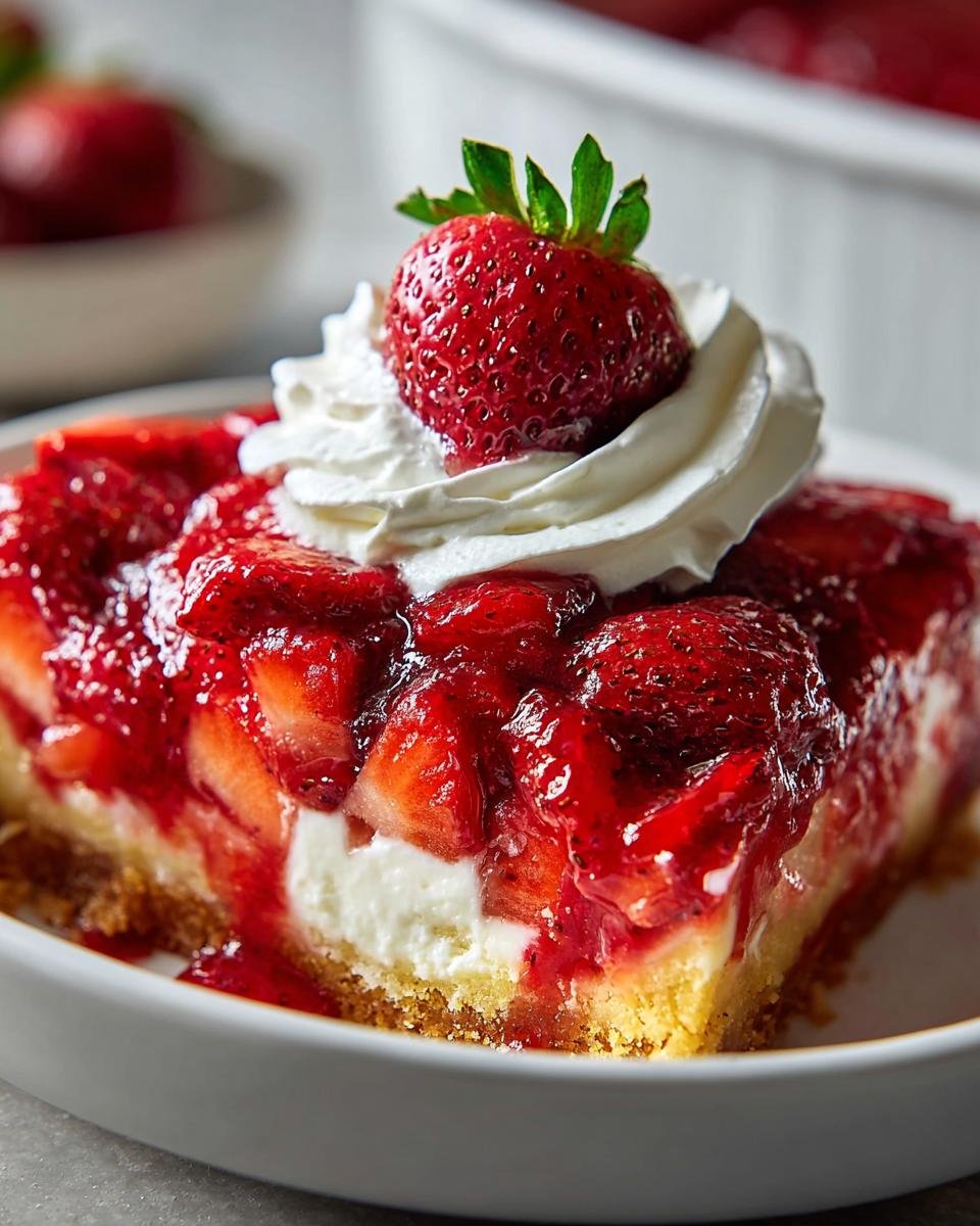 Gros plan d'une tranche de cheesecake aux fraises crémeux, garnie de crème fouettée et d'une fraise fraîche.