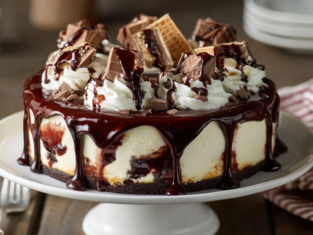 Hot Fudge Sundae Cheesecake: 3 secrets gourmands 3 Gros plan d'un cheesecake Hot Fudge Sundae avec garniture au chocolat, crème fouettée et morceaux de gaufrettes.
