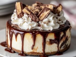 Gros plan d'un cheesecake Hot Fudge Sundae individuel, garni de crème fouettée, de sauce chocolat et de morceaux de barre chocolatée.