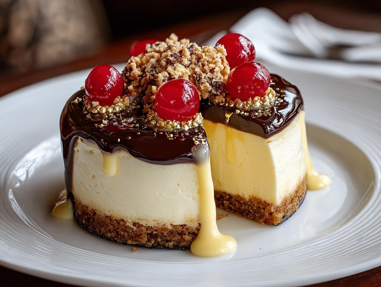 Gros plan d'un cheesecake millionnaire individuel garni de chocolat, de cerises et de miettes croustillantes.