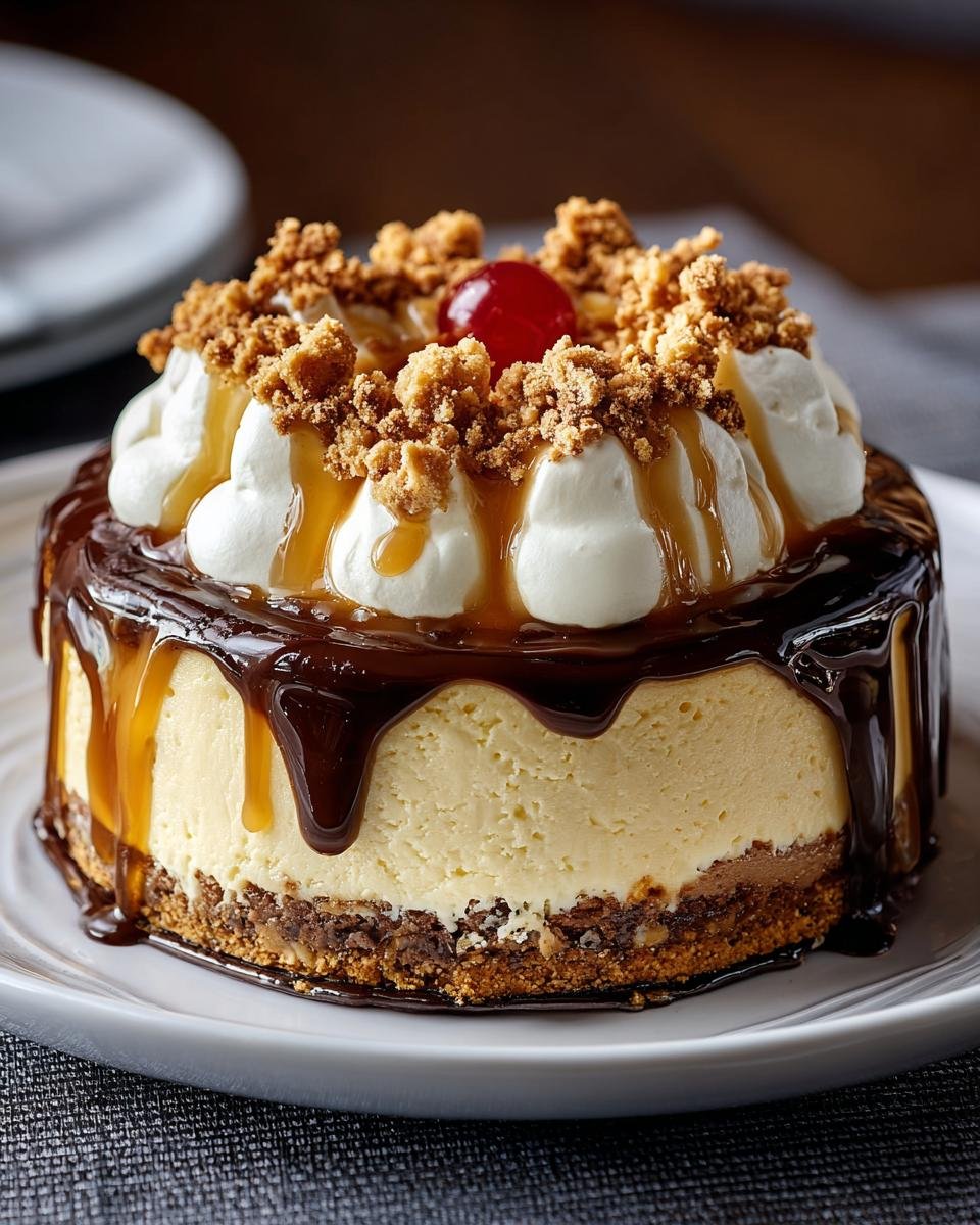 Gros plan d'un Cheesecake Millionnaire individuel, garni de crème fouettée, de miettes croustillantes, de sauce caramel et d'une cerise.