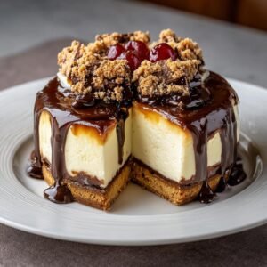 Gros plan d'une part de Cheesecake Millionnaire, nappé de chocolat et garni de cerises.