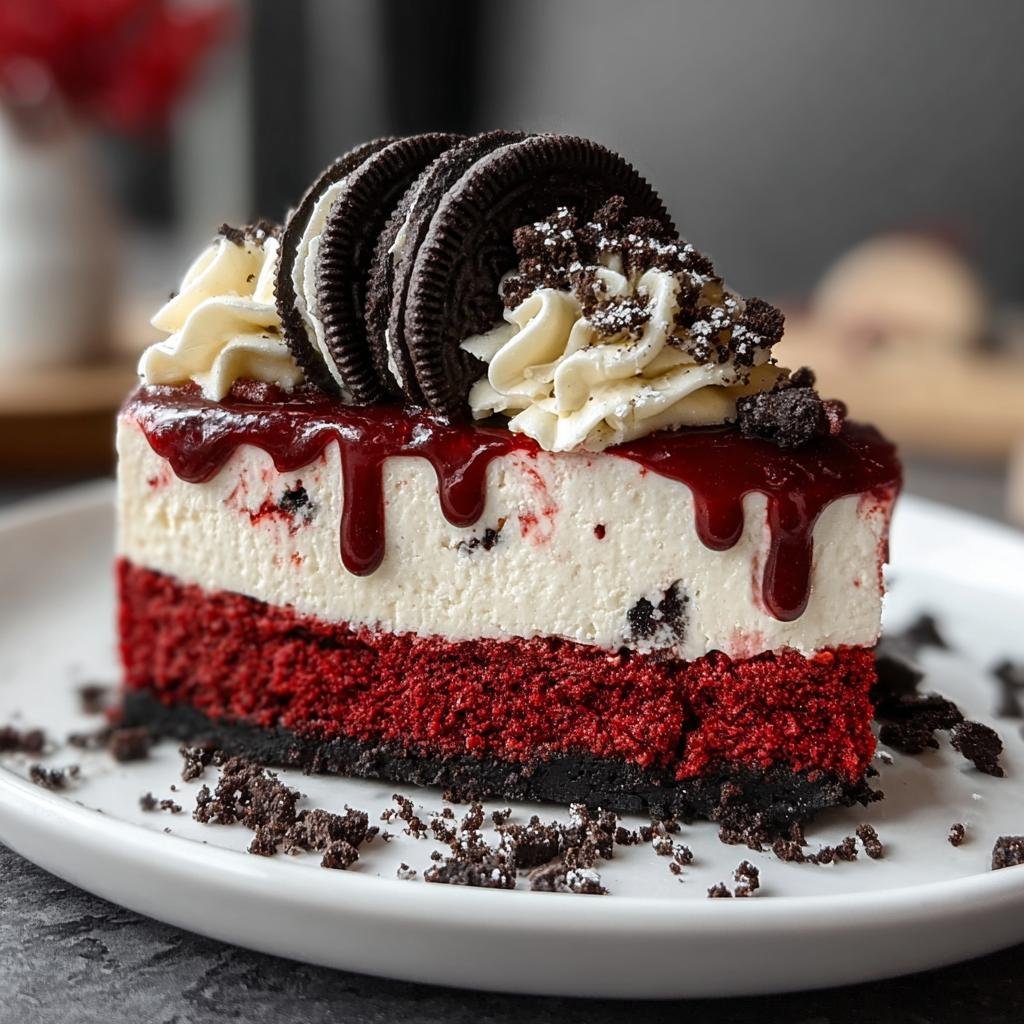 Gros plan d'une part de Cheesecake Millionnaire rouge velours avec garniture Oreo et glaçage rouge.