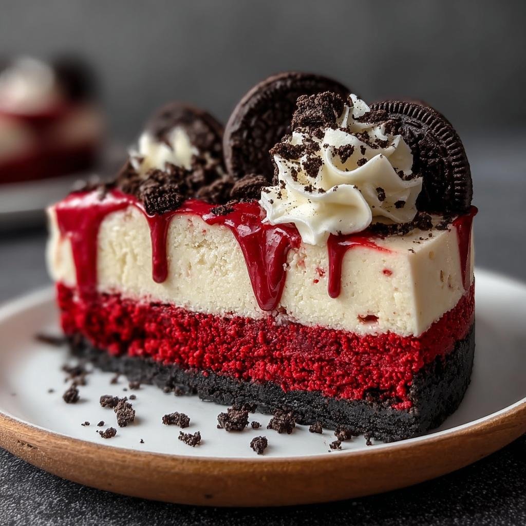 Gros plan d'une tranche de Cheesecake Millionnaire avec une base de biscuits Oreo, une couche rouge velours et une garniture crémeuse, décorée de sauce rouge et d'Oreo.