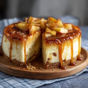 Gros plan d'un cheesecake aux pommes caramel salé, généreusement arrosé de sauce caramel et garni de morceaux de pommes caramélisées.