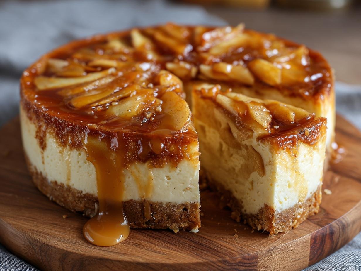 Gros plan d'un cheesecake aux pommes caramel salé, avec une tranche retirée, laissant couler du caramel.