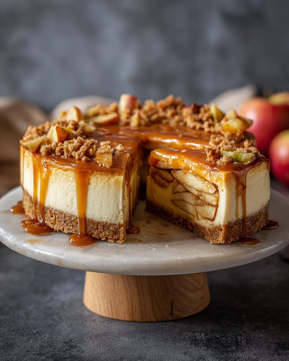 Gros plan d'une tranche de cheesecake aux pommes caramel salé, garni de crumble et de sauce caramel.