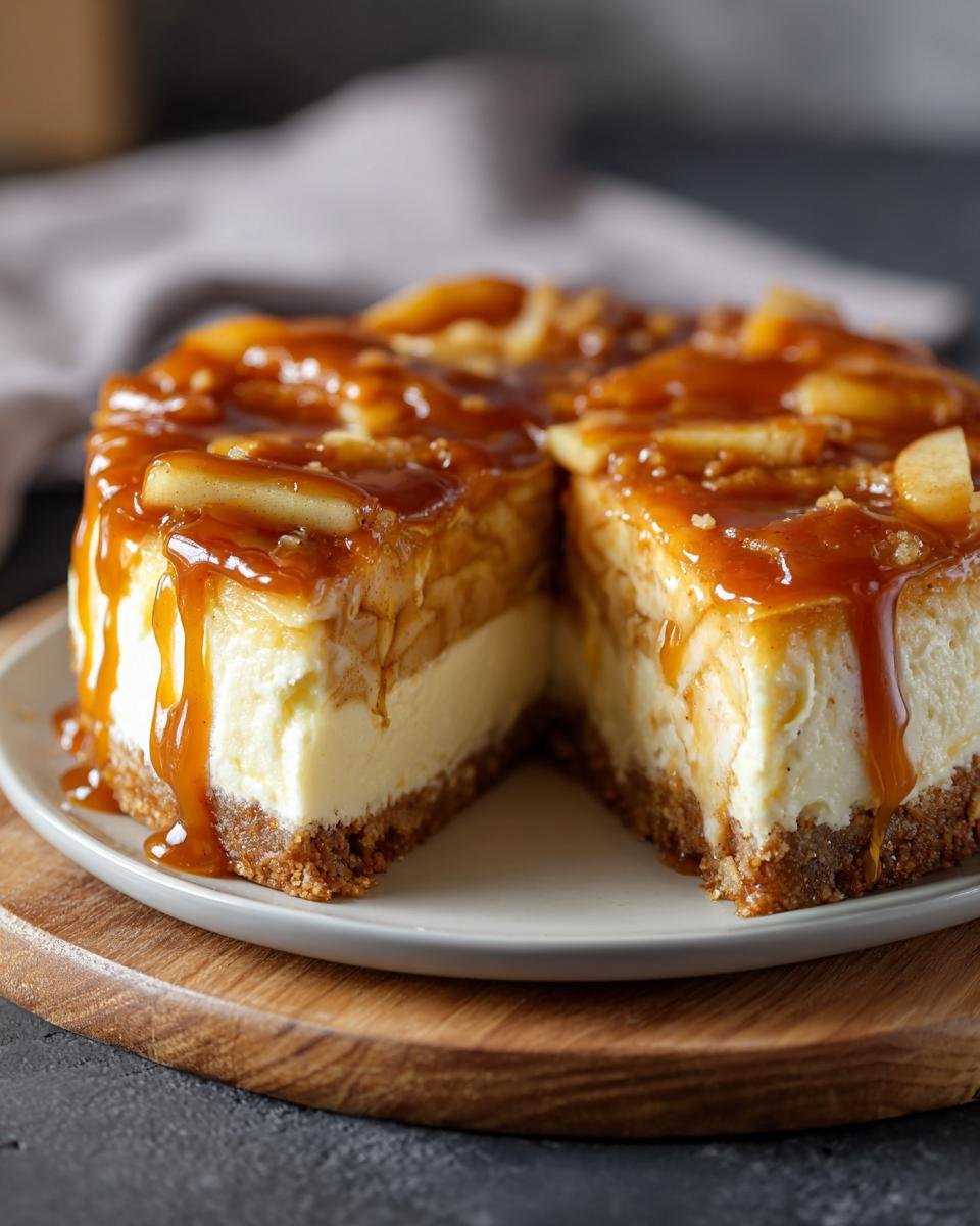 Gros plan sur une tranche de cheesecake aux pommes caramel salé, couverte de sauce caramel épaisse et de morceaux de pommes.