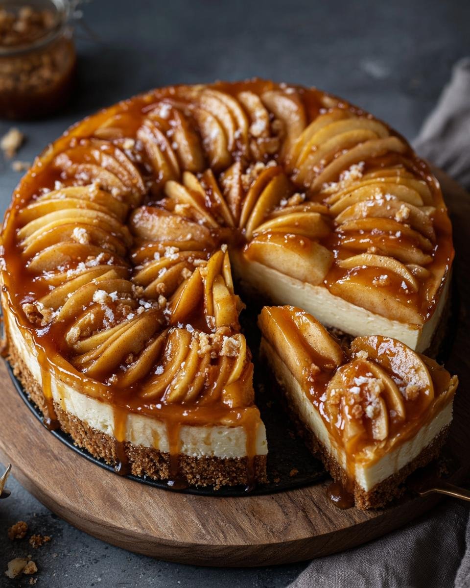 Gros plan sur une tranche de cheesecake aux pommes et caramel salé, garni de morceaux de noix.