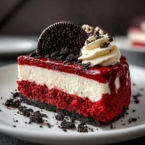 Gros plan d'une part de Cheesecake Red Velvet Oreo Facile, garnie d'une Oreo et de crème fouettée.