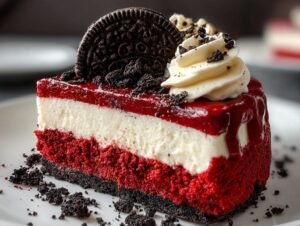 Gros plan d'une part de Cheesecake Red Velvet Oreo Facile, garnie de crème et d'un biscuit Oreo.
