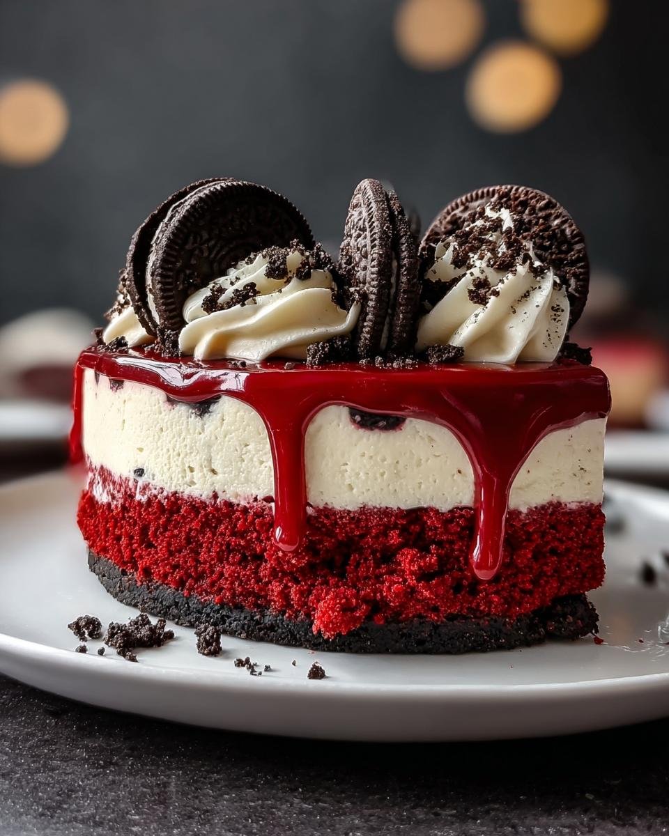 Gros plan d'une tranche de cheesecake Red Velvet Oreo facile, garnie de crème, de biscuits Oreo et d'un coulis rouge.