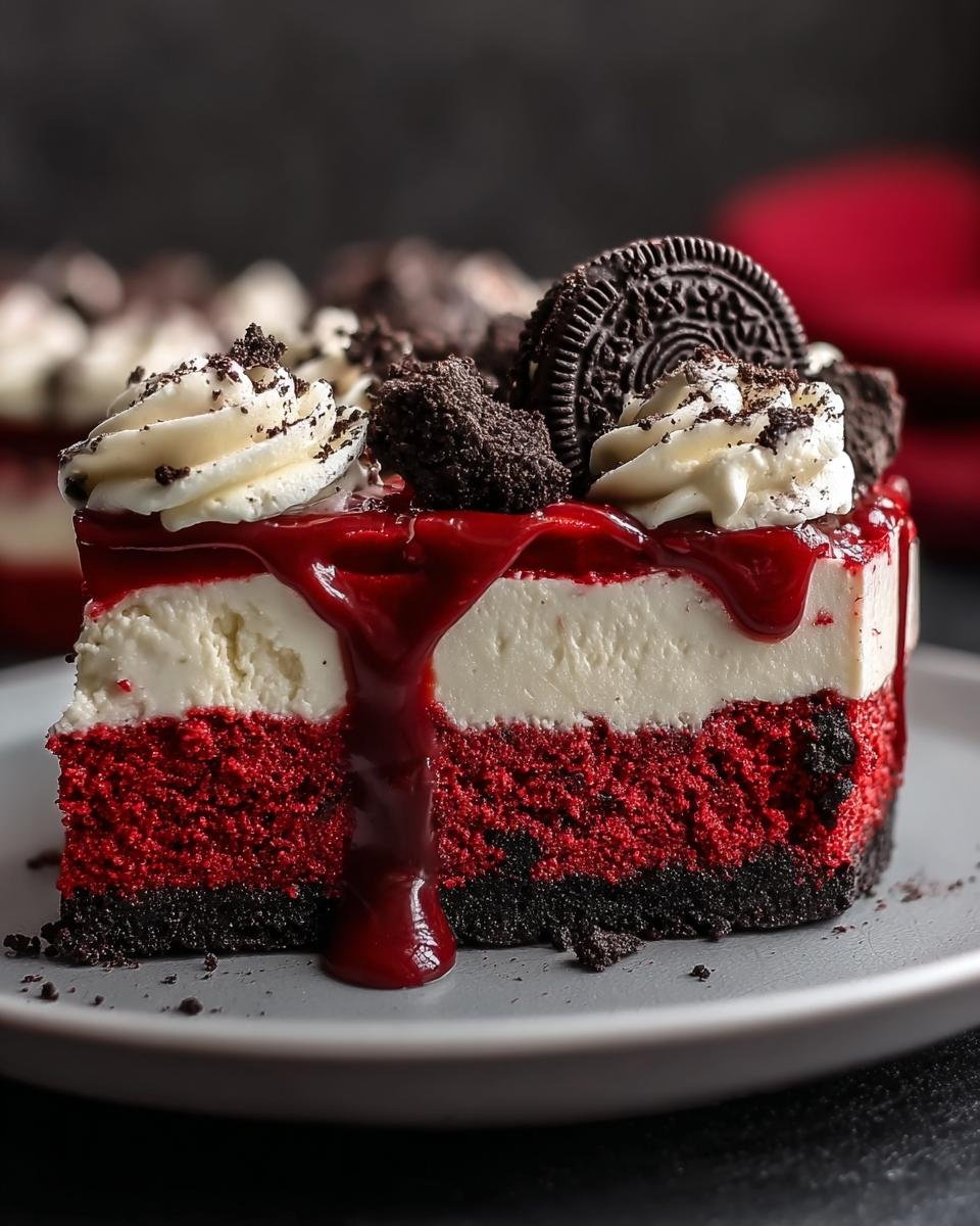 Gros plan d'une tranche de Cheesecake Red Velvet Oreo Facile, garnie de crème, de miettes d'Oreo et d'un coulis rouge.
