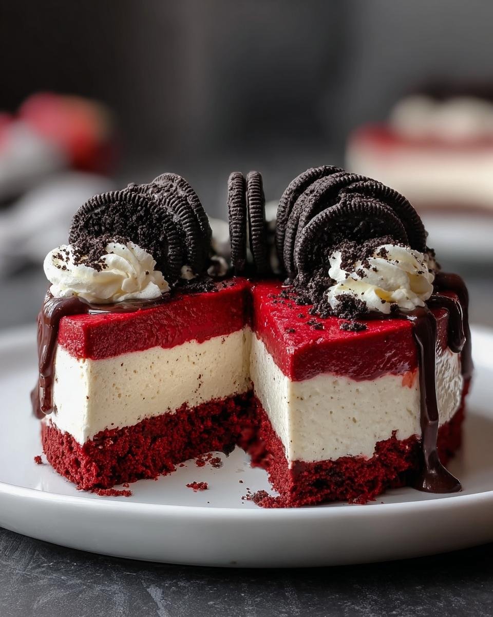 Gros plan sur une tranche de Cheesecake Red Velvet Oreo Facile, garnie de crème et de biscuits.