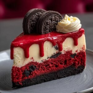Une part de cheesecake Red Velvet Oreo rapide, avec un glaçage rouge, des biscuits Oreo et une touche de crème.