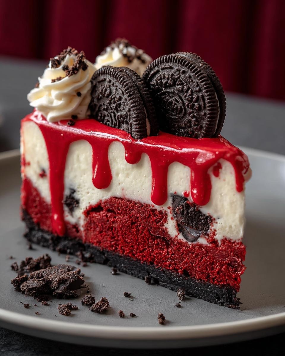 Gros plan d'une part de cheesecake Red Velvet Oreo Rapide, garnie de crème et de biscuits Oreo.