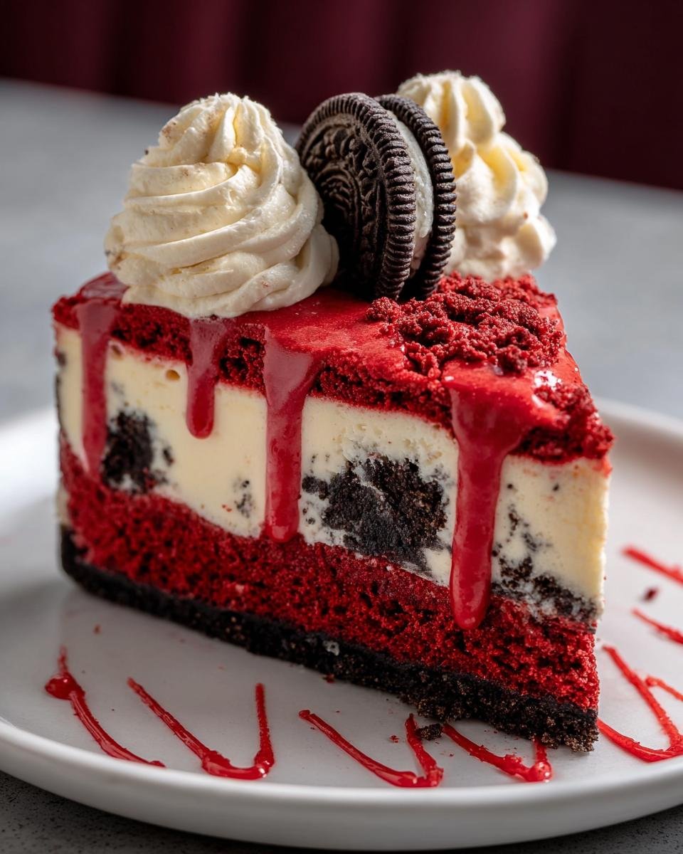 Gros plan d'une part de Cheesecake Red Velvet Oreo Rapide, garnie de crème fouettée et d'un Oreo.