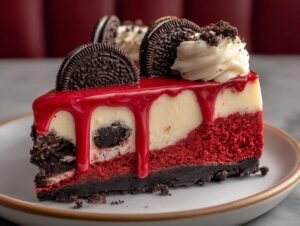 Gros plan d'une part de Cheesecake Red Velvet Oreo Rapide, garnie de crème et de biscuits Oreo.