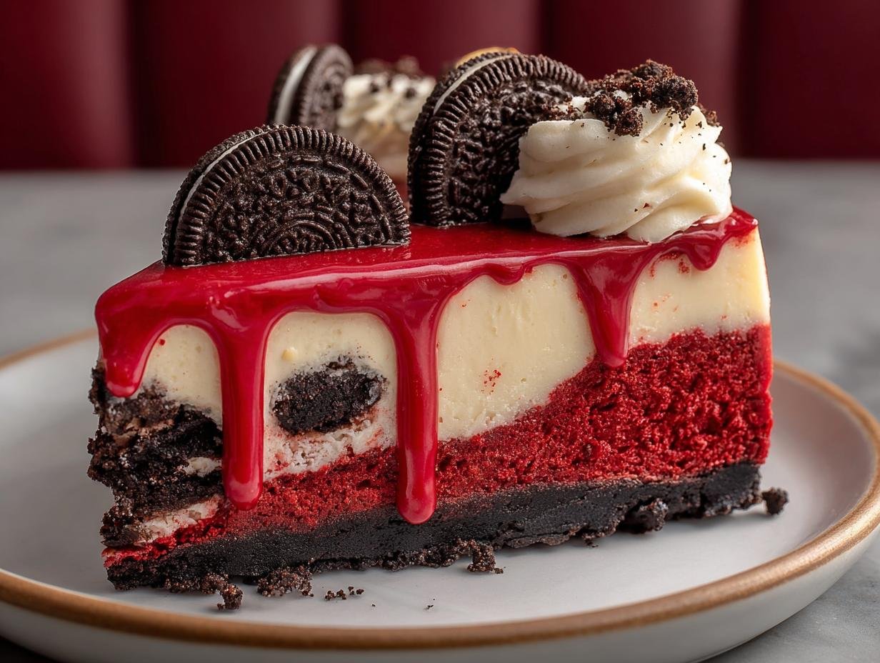 Gros plan d'une part de Cheesecake Red Velvet Oreo Rapide, garnie de crème et de biscuits Oreo.