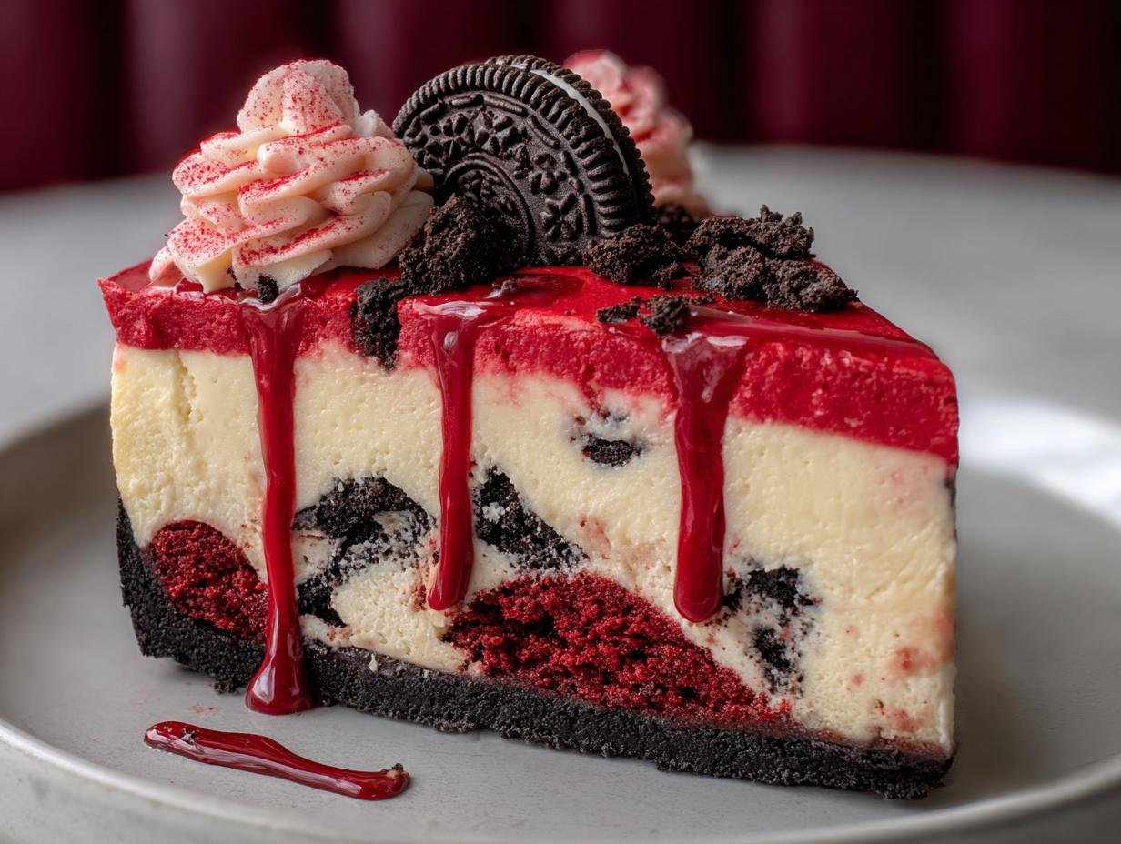 Tranche de cheesecake Red Velvet Oreo Rapide avec glaçage rouge, crème fouettée et miettes d'Oreo.