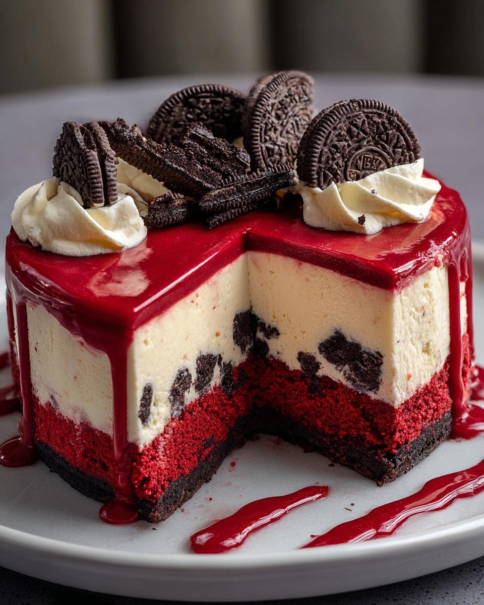 Gros plan sur une tranche de Cheesecake Red Velvet Oreo Rapide, garnie de biscuits Oreo et de crème.