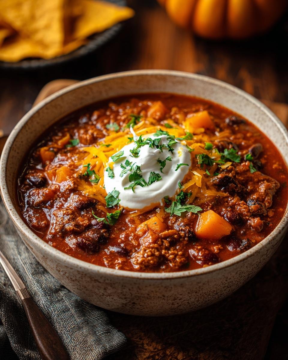 Gros plan d'un bol de Chili à la Citrouille garni de crème sure, fromage râpé et persil frais.