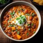 Gros plan d'un bol de chili à la citrouille avec des haricots rouges, des dés de citrouille, garni de crème sure, de fromage râpé et de coriandre.