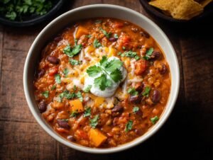 Gros plan d'un bol de chili à la citrouille avec des haricots rouges, des dés de citrouille, garni de crème sure, de fromage râpé et de coriandre.