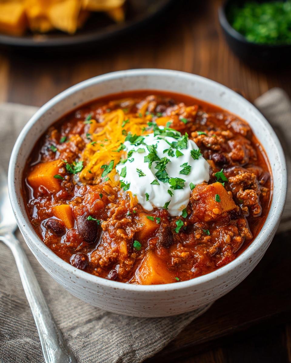 Gros plan d'un bol de chili à la citrouille garni de crème sure, de fromage râpé et de persil frais.