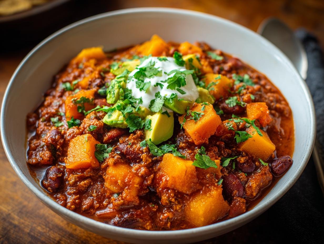 Gros plan d'un bol de Chili à la Citrouille, garni de crème sure, d'avocat et de coriandre fraîche.