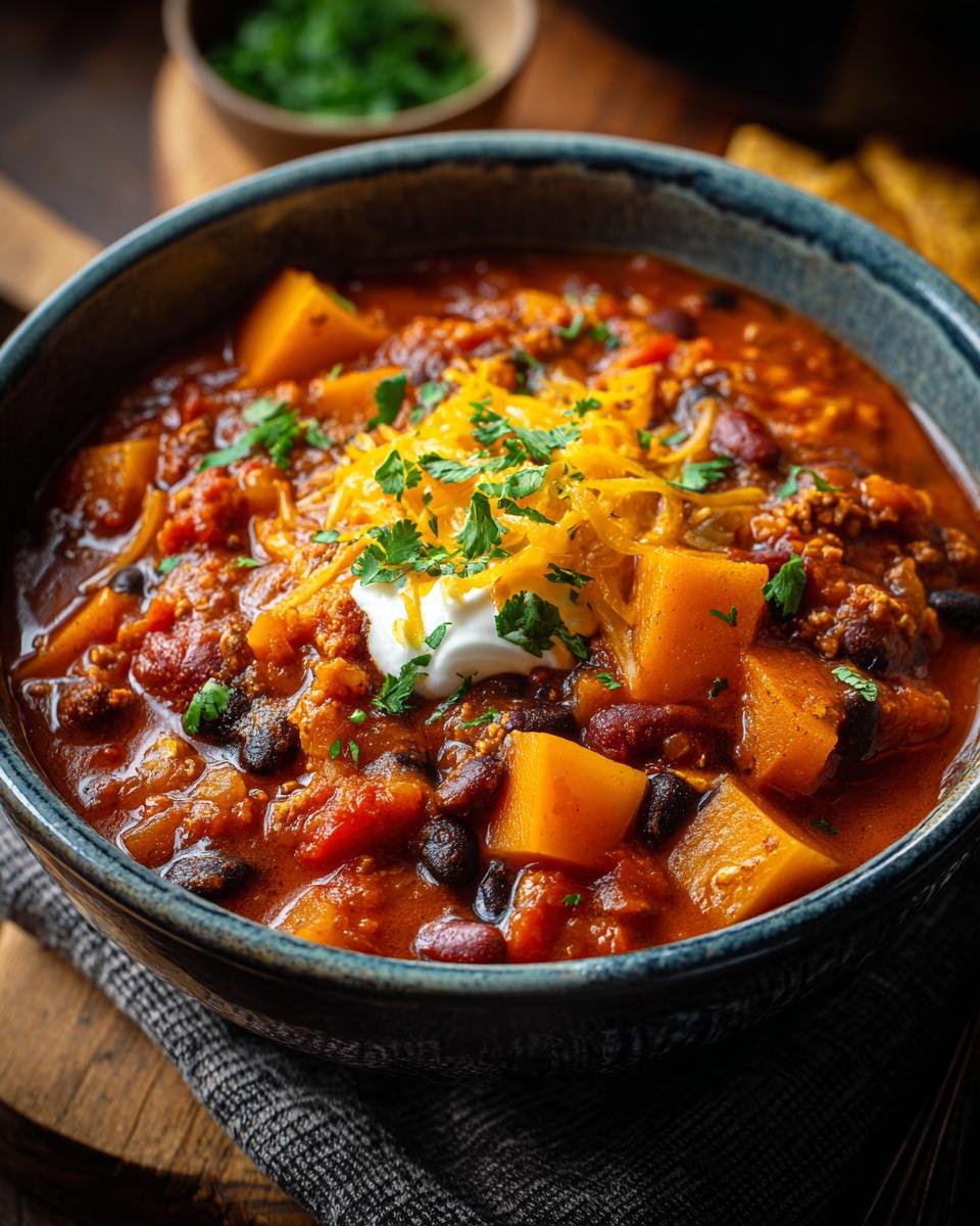 Gros plan d'un bol de chili à la citrouille, garni de fromage râpé, de crème sure et de persil frais.