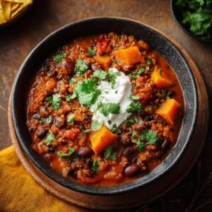 Chili à la Citrouille : saveur d'automne en 1 heure 5 Gros plan d'un bol de chili à la citrouille garni de crème sure et de coriandre.