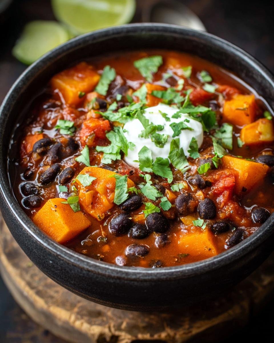 Gros plan d'un bol de chili patates douces haricots noirs garni de crème et de coriandre.