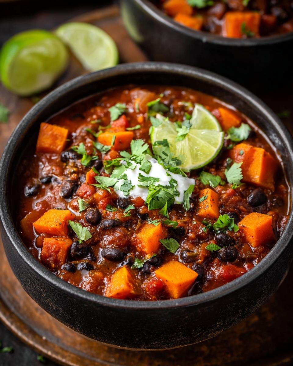 Gros plan d'un bol de chili patates douces haricots noirs garni de crème, coriandre et quartiers de lime.