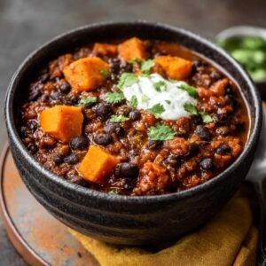 Un bol de chili patates douces haricots noirs garni de crème aigre et de coriandre fraîche.