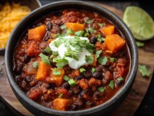 Gros plan d'un bol de chili patates douces haricots noirs, garni de crème aigre et de coriandre.