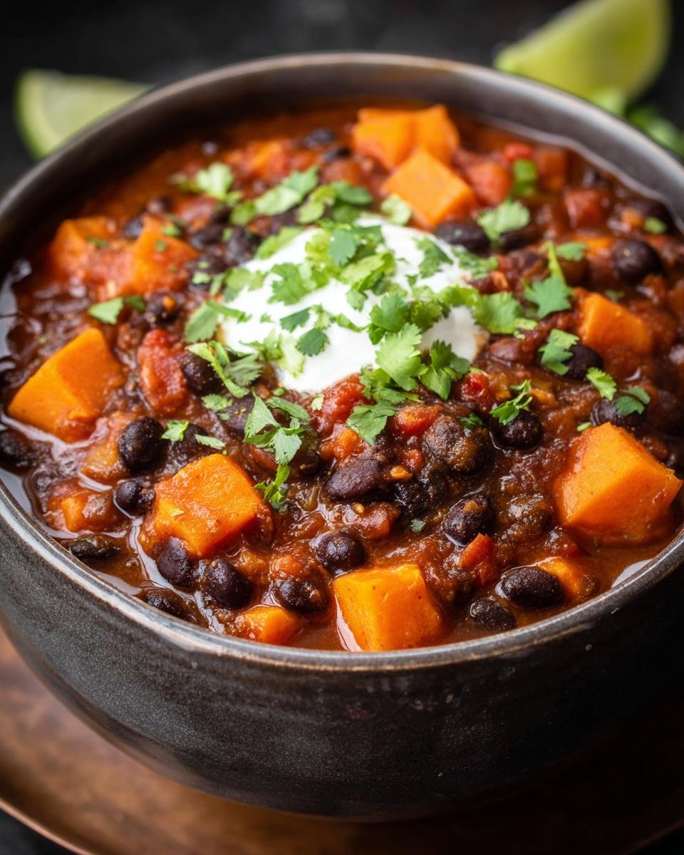 Bol de chili patates douces haricots noirs garni de crème et de coriandre fraîche.