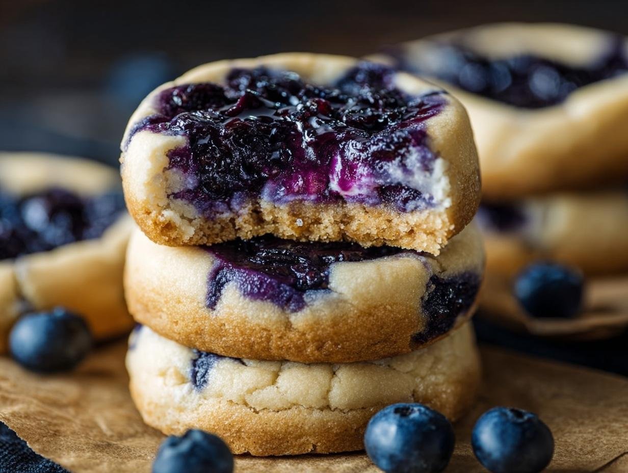 Cookies Cheesecake Myrtilles : 5 secrets pour le succès 5 Gros plan sur une pile de Cookies Cheesecake Myrtilles, avec une bouchée prise dans le cookie du dessus.